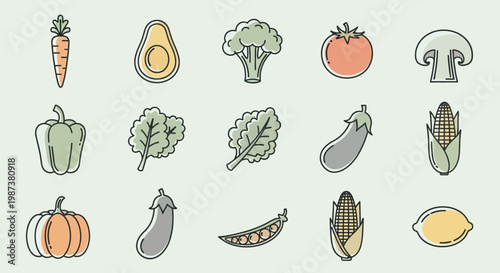 Collection of various fresh vegetables and a lemon in minimalist line art icons with pastel colors, representing healthy eating and vegan diet.