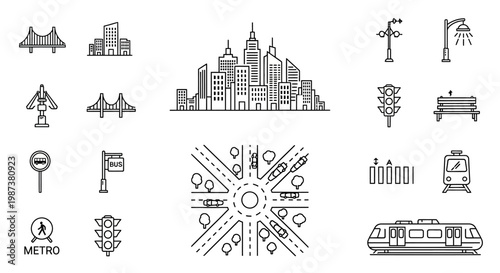 City Infrastructure Line Art Icons Set: Urban Buildings, Bridges, Roads, Traffic, and Public Transportation Elements Vector