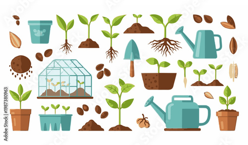 Seeds and seedlings gardening vector illustration set with farm greenhouse and plant growth elements
