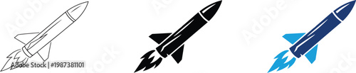 Guided missile and ballistic rocket weapon icons in black silhouette and outline vector style.
