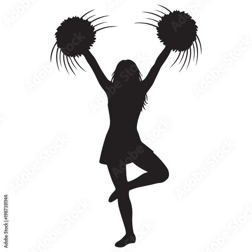 Cheerleader silhouette holding pom-poms in a cheering pose vector illustration for sports and school spirit