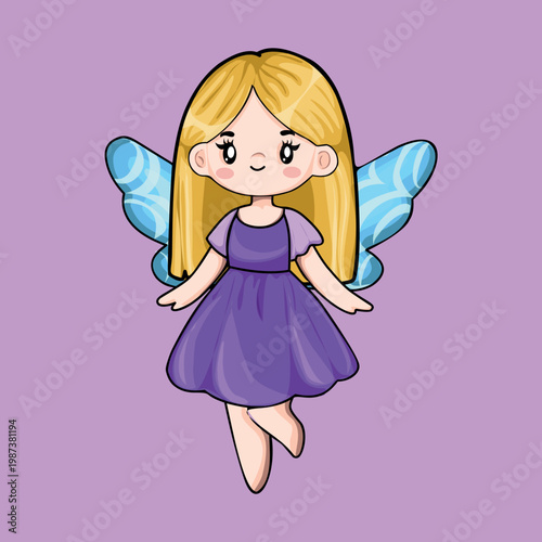 A cute cartoon fairy with blond hair wearing a purple dress and blue wings is depicted against a solid lavender background.