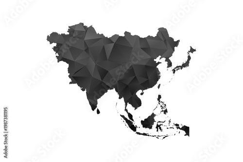 Asia Map - Polygon Style Vector Illustration in Black and Gray Gradient, Low Poly Geometric Design, Isolated on White Background for Infographics and Education.