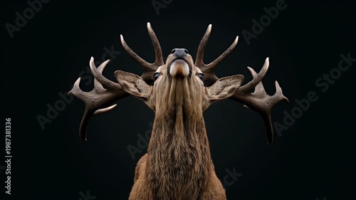 Majestic Red Deer Stag Portrait with Large Antlers on Black Background