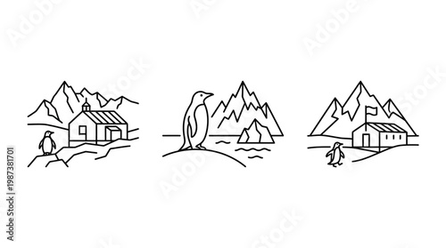 Minimalistic Antarctic Scenes with Penguins and Mountains