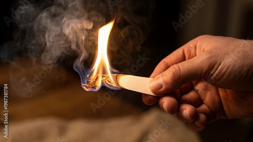 Hand Holding Burning Piece of Paper with Bright Flame