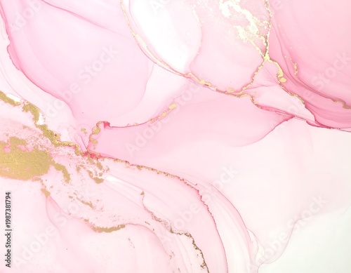 Soft, abstract background of flowing pink and gold colors resembling watercolor or ink. Forms organic shapes