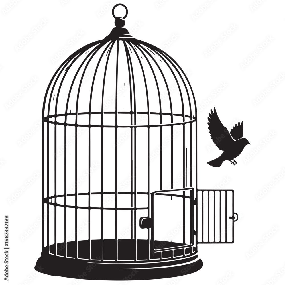 Fototapeta premium Bird flying out of an open birdcage silhouette vector illustration symbolizing freedom and liberation