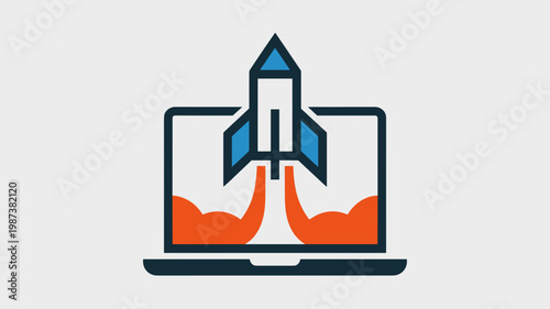 Stylized rocket and laptop vector mark - for tech innovation illustration