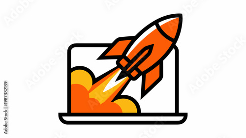 Bold rocket breaking through screen plane - for business launch concept graphic