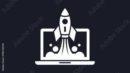 Geometric rocket emerging from computer icon - for digital launch design