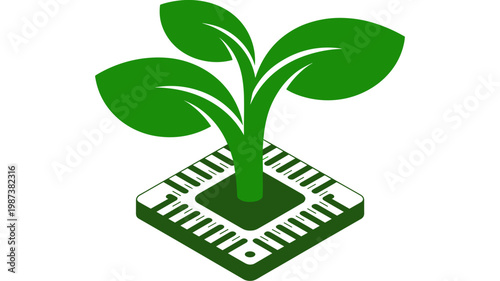 Organic sprout emerging from circuit chip icon - for sustainable tech design