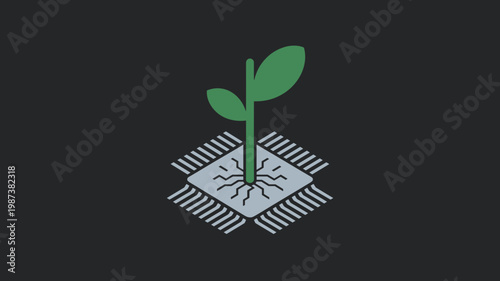 Plant growing from silver microchip - for green technology branding