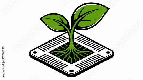 Geometric plant and microchip fusion mark - for eco innovation illustration