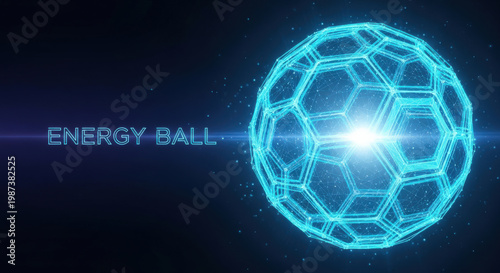Futuristic Energy Ball A Glowing Sphere Encased in a Geodesic Structure Radiating Light and Connectivity Against a Dark Blue Background with Particle Effects