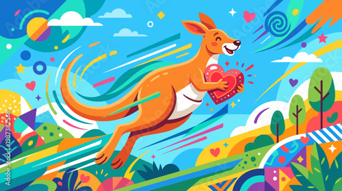 Happy Kangaroo Jumping with a Heart Colorful Vector Illustration