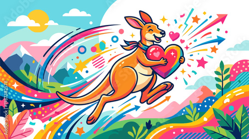 Happy Jumping Kangaroo Holding a Heart Vector Illustration