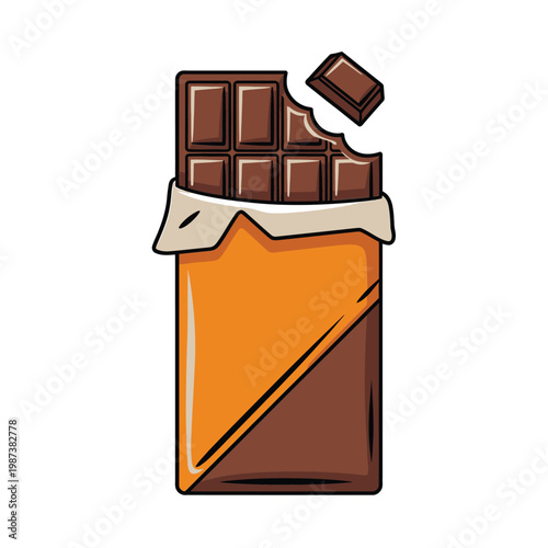 A cartoon illustration depicts a partially eaten chocolate bar with a broken piece