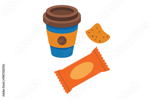 A colorful illustration depicts a coffee cup biscuit and wrapped treat