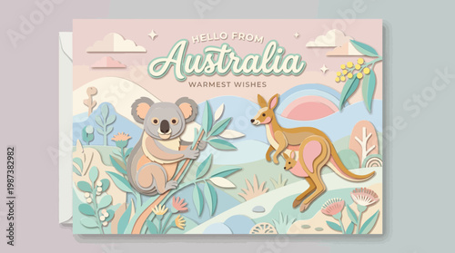 Australia Souvenir Postcard with Koala and Kangaroo Illustration