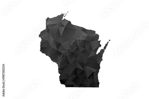 Wisconsin Map - Polygon Style Vector Illustration in Black and Gray Gradient, Low Poly Geometric Design, Isolated on White Background for Infographics and Education.