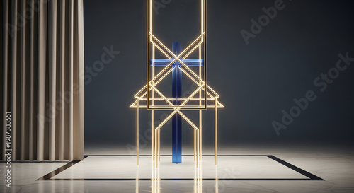 Minimalist glowing neon cross structure in a modern studio space