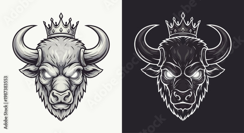 Detailed monochrome illustration of a crowned bull's head, presented in both light and dark versions, showcasing a powerful and regal animal mascot.