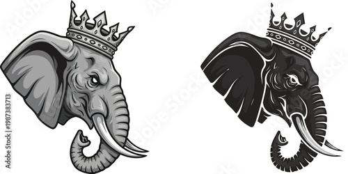 Stylized illustration of an elephant head wearing a royal crown, depicted in shades of grey with intricate details.