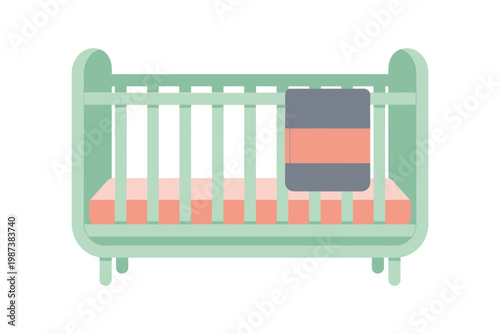 A simple illustration of a pale green baby crib with a dark blanket inside