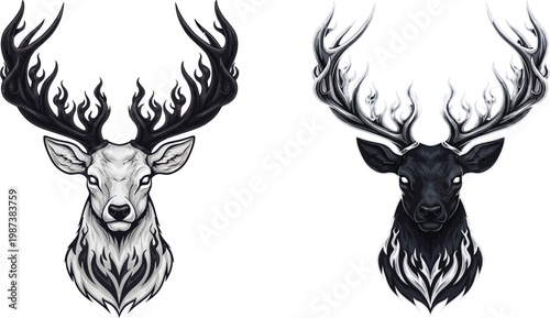 Two stylized deer heads, one white and one black, with intricate flame-like antlers and chest patterns, facing forward on a white background.