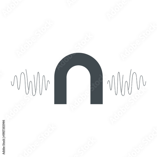 A dark blue horseshoe shape is flanked by symmetrical wavy line patterns