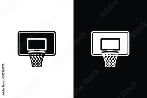 Minimalist basketball hoop and backboard icon set in black and white background