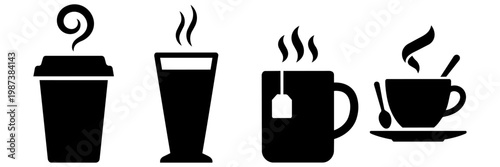 Collection of hot drink icons, coffee cup, tea mug, and beverage symbols