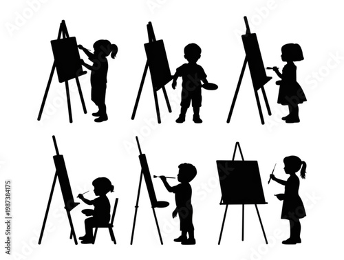 Children silhouettes painting on easels, young artist kids drawing for creative education and art class concept