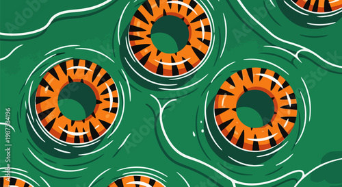 Tiger print swim rings floating in green pool water, summer vacation vector illustration, animal pattern inflatable lifebuoys on wavy water surface