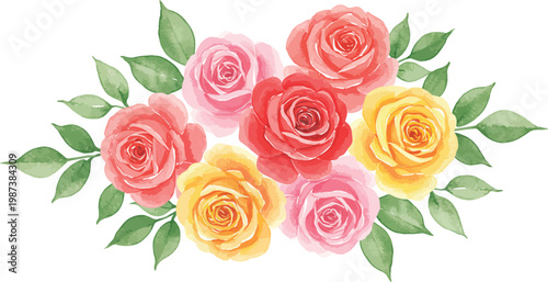 Beautiful seamless pattern featuring a romantic bouquet of red and pink rose flowers with green leaves for a wedding gift or Valentine's Day blossom