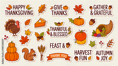 Festive hand-drawn thanksgiving and autumn stickers expressing gratitude, warm colors. Typography - Calligraphy Design