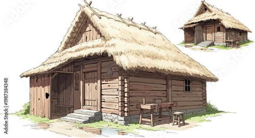 Medieval wooden cottage vector illustration, rustic viking house with thatched roof, traditional timber cabin architecture for game assets