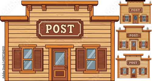 Wild West wooden post office building vector set, vintage western town post station illustration, rustic frontier architecture collection