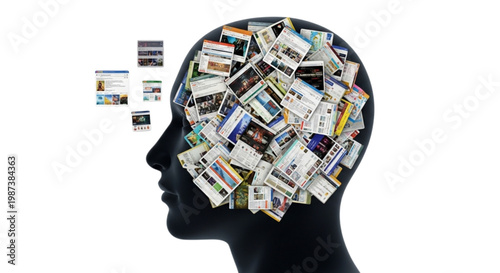 Information overload conceptual head profile, brain area filled with a chaotic multitude of browser windows and web pages, internet addiction concept, isolated on white, digital graphic, a human head 