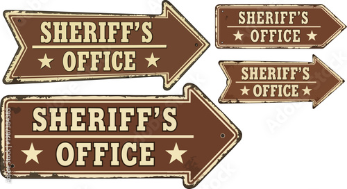 Vintage Sheriff's Office metal signs, rustic wild west directional arrow set, weathered brown tin plates with stars, western law enforcement vector