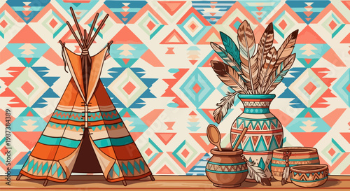 Southwestern tribal pattern background with teepee and pottery, native american style illustration, ethnic boho decor with feathers and clay pots