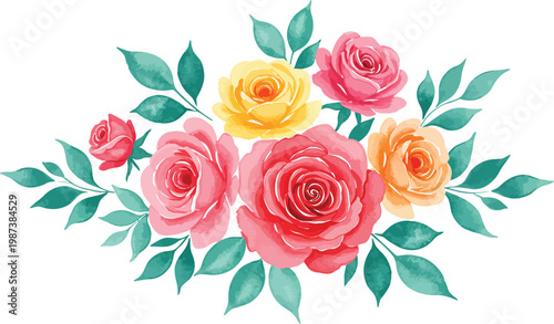 Beautiful seamless pattern featuring a romantic bouquet of red and pink rose flowers with green leaves for a wedding gift or Valentine's Day blossom