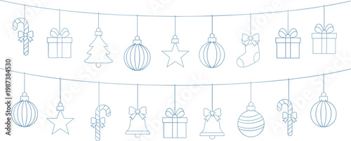 Christmas hanging ornaments garland vector with baubles stars candy canes gift boxes and bells in a minimalist blue line art style for winter holiday decorations.