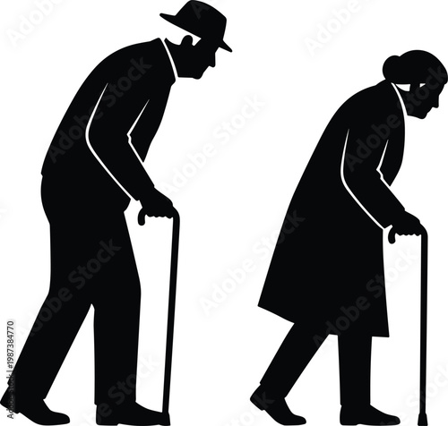 Black silhouette of elderly man and woman walking with canes representing senior citizens aging retirement healthcare support and social security for geriatric care services.