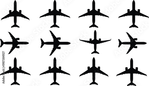 Collection of passenger airplane silhouettes in top view and various angles for aviation travel industry logistics transport global tourism and airline commercial business marketing.