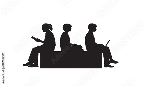 Silhouetted figures on a bench a study in modern isolation and digital engagement