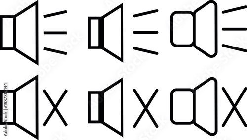 Sound control icons set – volume on, off, mute, audio symbols