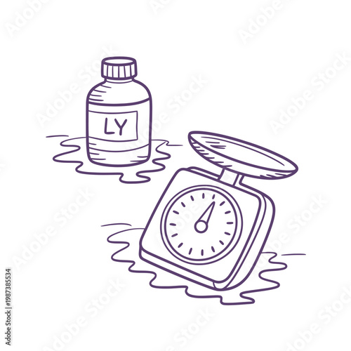 A hand drawn illustration depicts a bottle and a scale suggesting measurement or dosage