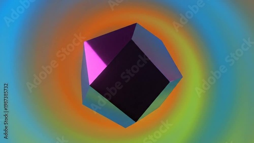 Rotating Geometric Shape in Vibrant Colors with Abstract Circular Background, 3D Rendering Animation